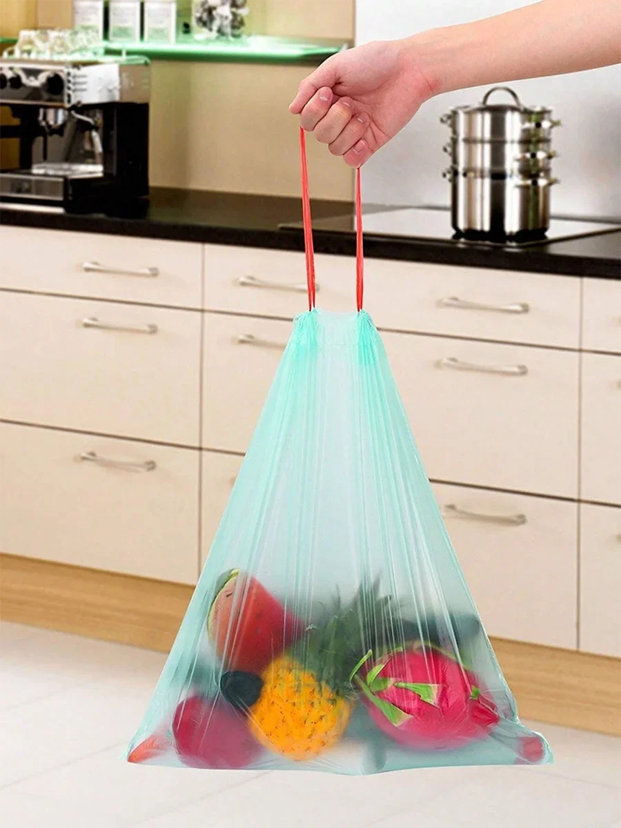 15pcs/roll Thick Trash Bags, Tear-Off Drawstring Trash Can Liners,For Home, Kitchen, Restaurant, Living Room, Garbage Sorting