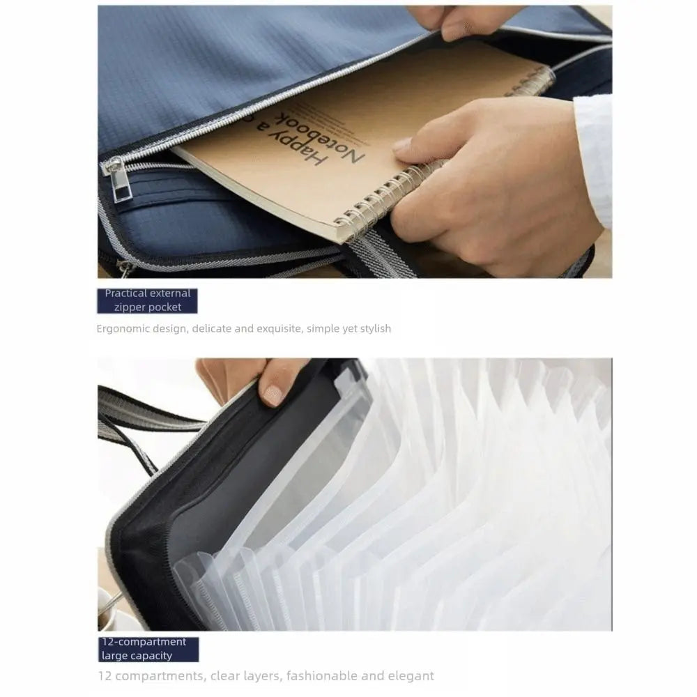 Versatile Canvas A4 Documents File Bag Large Capacity Double Zipper Accordion Folder 12-Layer Business Briefcase