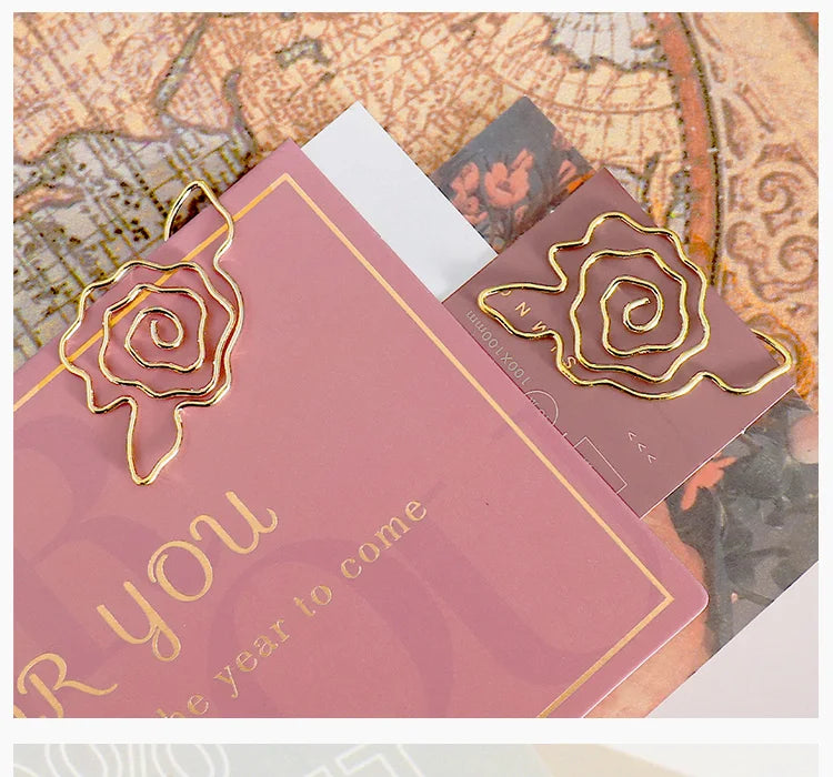 10pcs Gold Rose Flower Paper Clip Wholesale Metal Diy Flower Planner Stationery Supplies Bookmark Gift Shaped Paper Clips