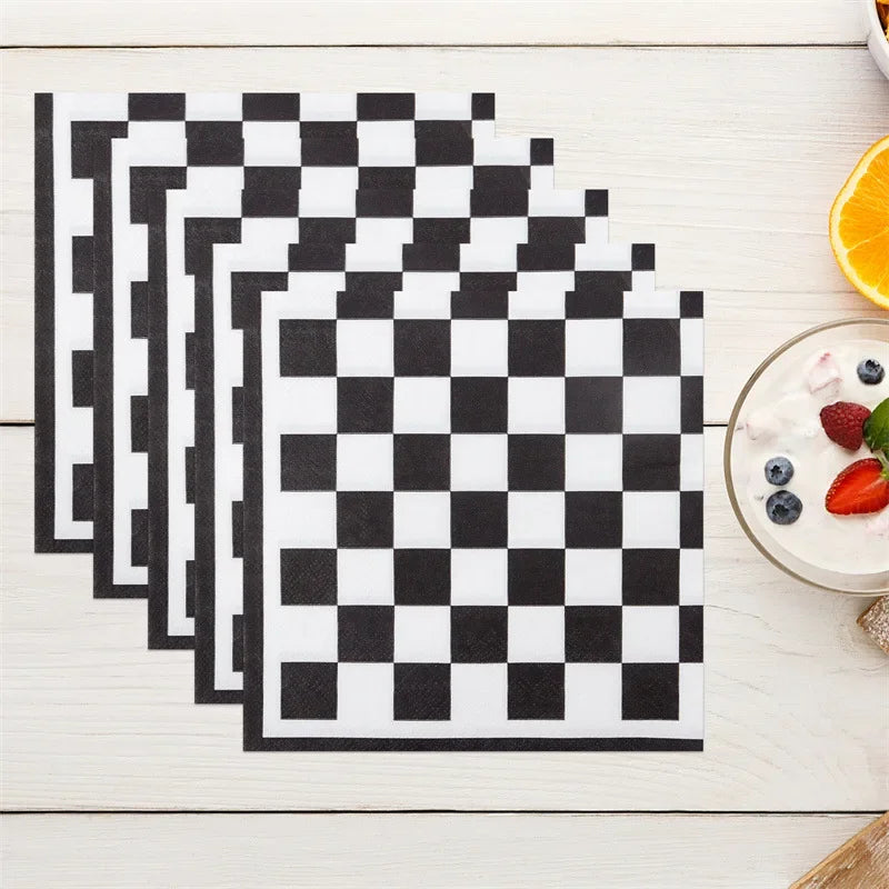 20pcs 33cm 2Ply  Black and White Checkerboard Printed Napkins Party Printed Decorative Napkins Disposable Placemats DIY Paper