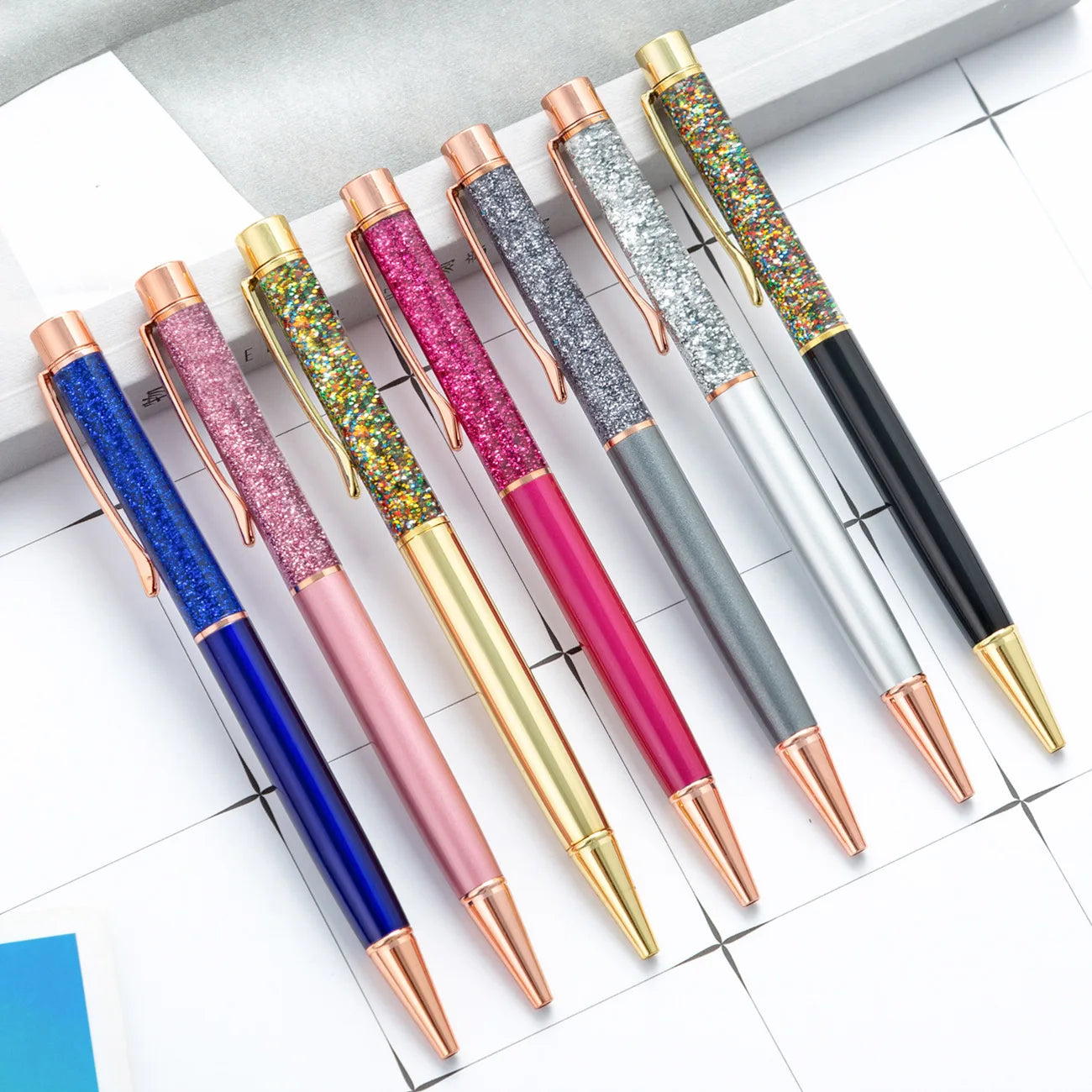 Lytwtw's Ballpoint Pen Oil Metal Office School Supplies Stationery Spinning Rose Gold Gift Cute Clip Glitter