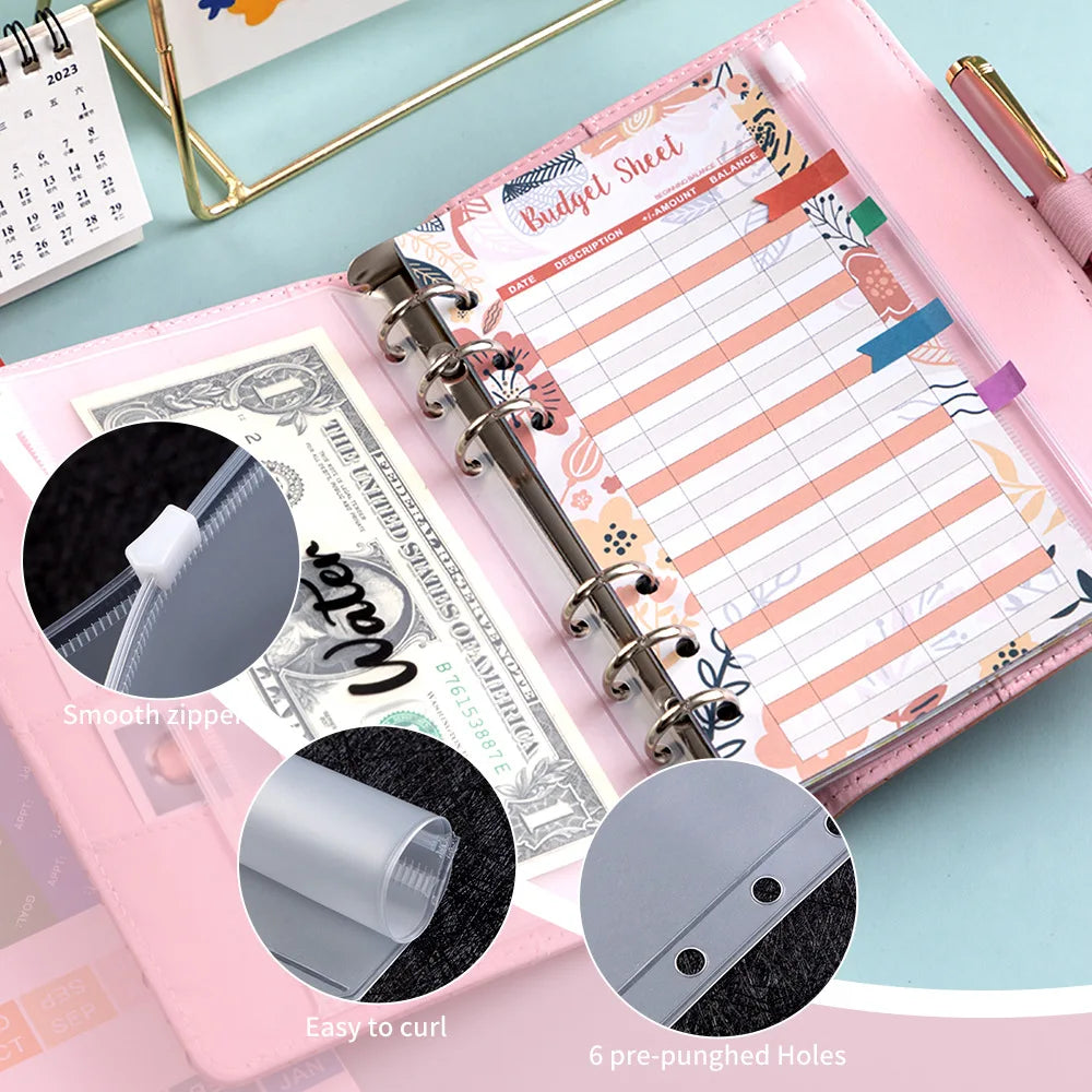 A6 Binder Pockets 6 Holes Cash Envelopes for Budgeting, Clear Zipper Folders for 6-Ring Budget Binder