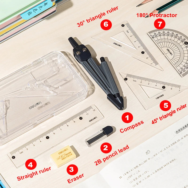 Deli Compass Set Mathematical Drawing Set Tool Professional Multifunctional Ruler School Supplies 7pcs/Set Drafting Set