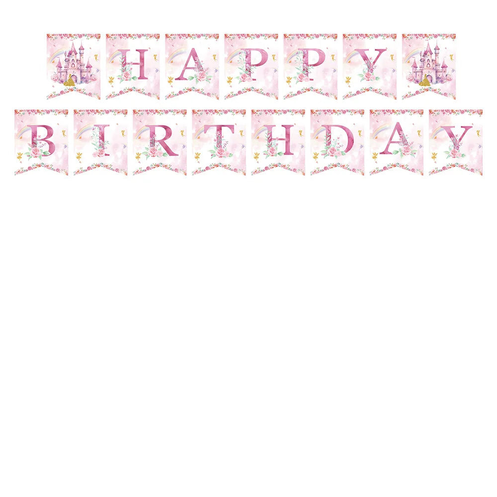 Pink Princess Castle Tableware Set Dessert Plates Cups tablecolth Balloon Banner Girls favorite Birthday Adult Wedding Decoratio