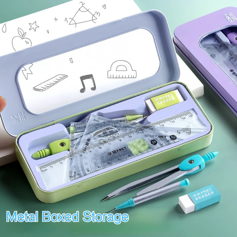 7Pcs/Set Student Compass Set School Mathematical Rulers Multi-Function Learning Professional Drawing Tool Girls Gifts Stationery