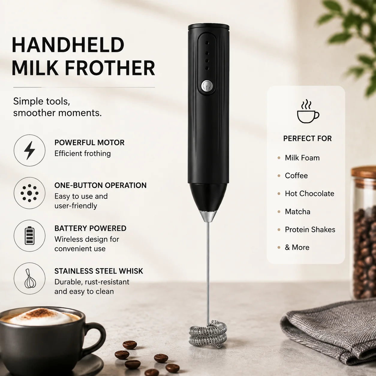 Handheld Milk Frother Type-C Rechargeable Cordless Foam Maker 304 Stainless Steel Mini Mixer for Coffee Matcha Egg Baking Home