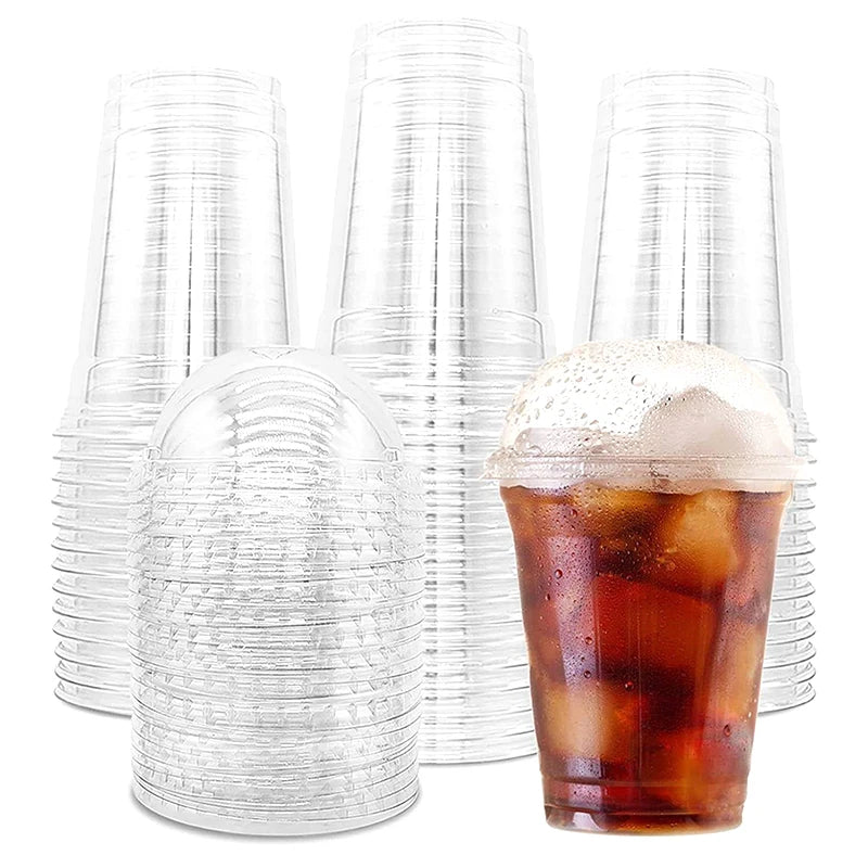 Clear Plastic Beverage Cup with Lids Disposable Cold Drink Containers for Milk Tea Juice Iced Coffee Ice Cream Dessert Party Use