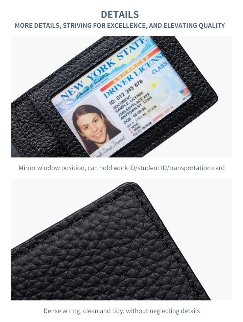Thin Minimalist Bifold Design Driver's Licence Cover Genuine Leather ID Badge Window Slot Credit and Debit Vaccinum Cards Holder