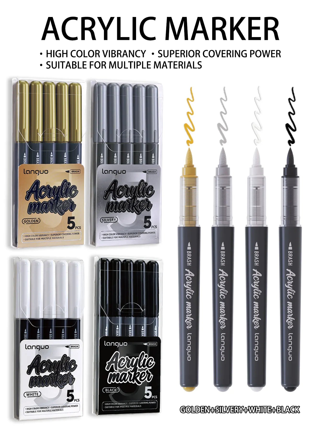 Languo 9pcs/box Soft Brush Acrylic Marker Pen Set，DIY Hand Drawn,Paint Art Markers pens,Student Graffiti Acrylic Paint Pens,M720