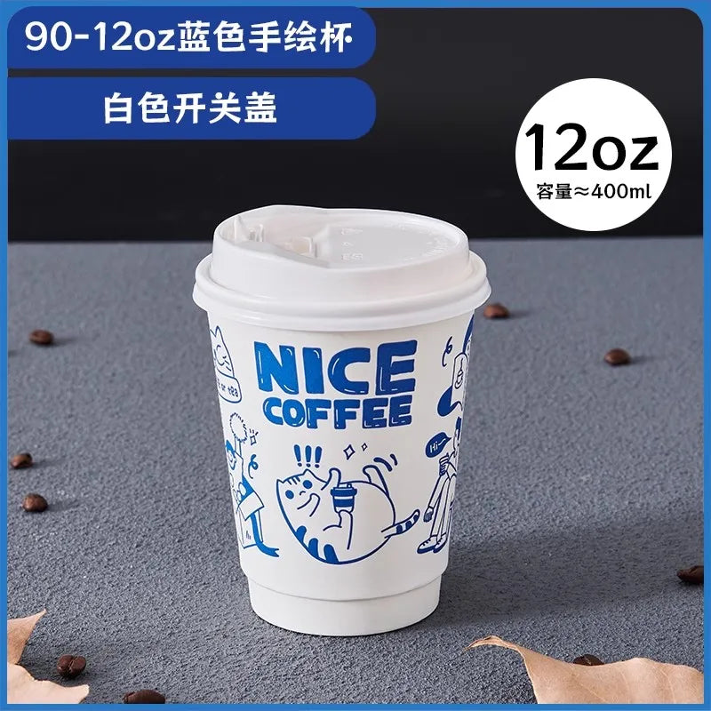 50pcs Cartoon Graffiti Coffee Cups 90 Caliber Disposable Fresh Milk Juice Paper Cup Milk Tea Hot Drink Takeaway Packaging Cup