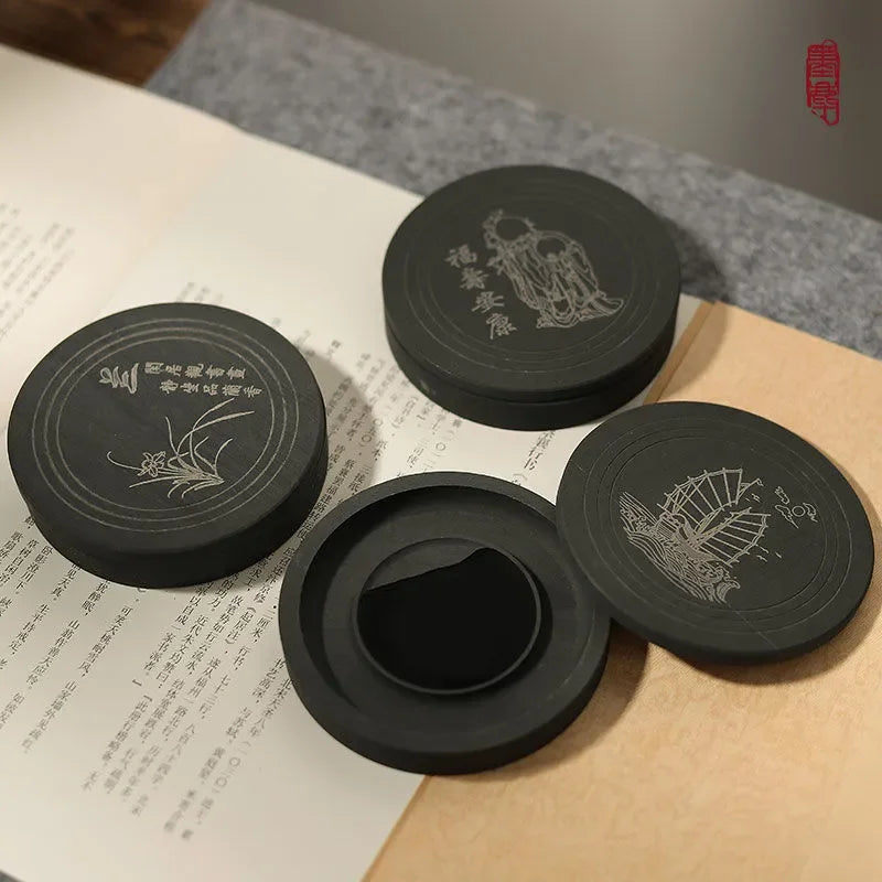 Natural Original Stone Inkstone Table with Cover End Ink Pond Plate Strip Grinding Student Beginners