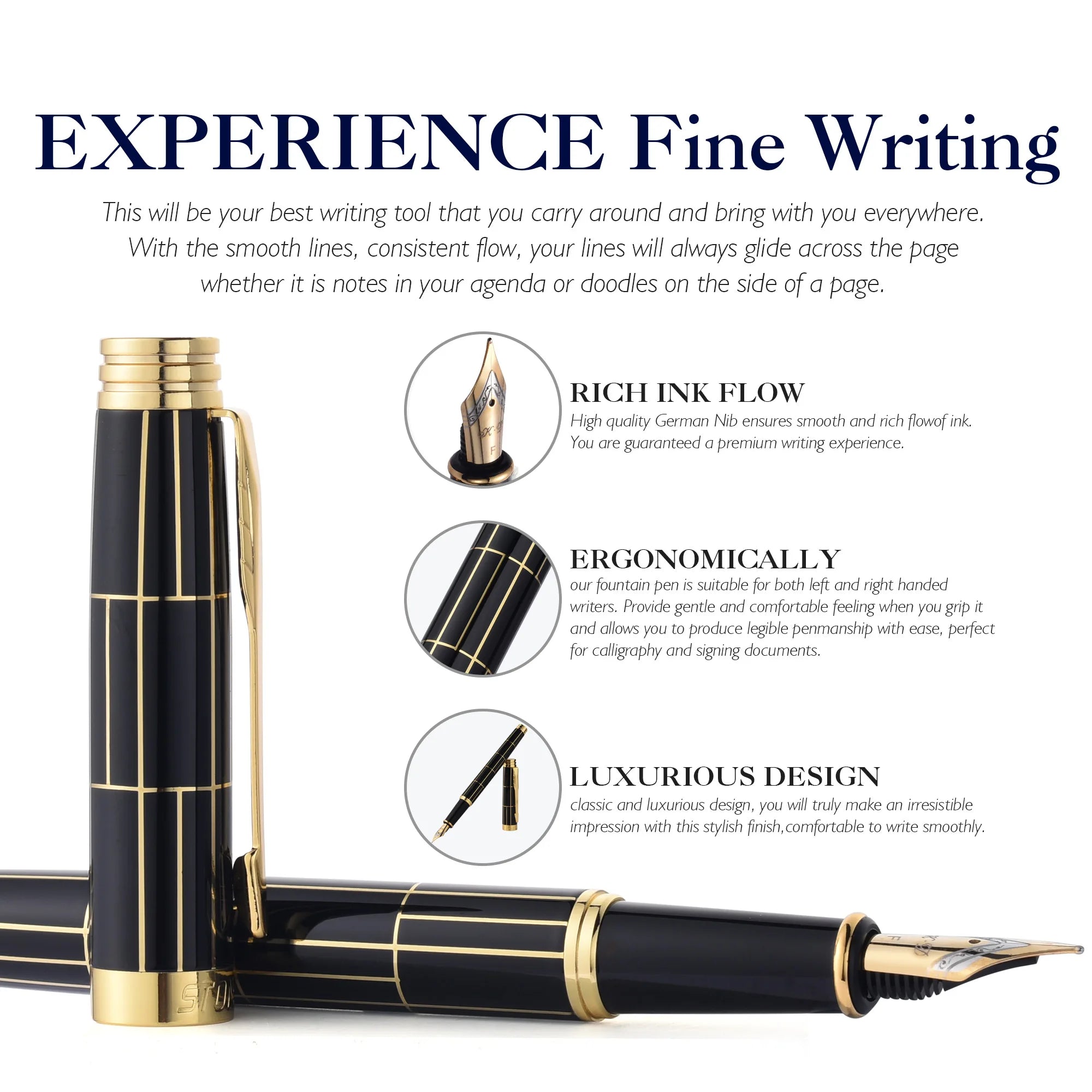 STONEGO Deluxe Metal Fountain Pen without Ink Refill Convertible Calligraphy Pen for Writing and Drawing