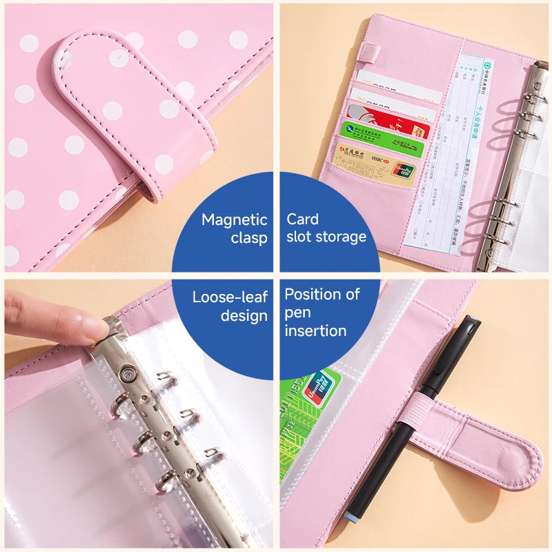 New A5 PU Leather Binder Cover with Magnetic Buckle Closure, 6 Ring Personal Notebook for Organizing Planner, Photo Card Sleeves