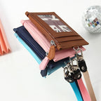 Portable PU Leather Card Bag Holder with Neck Lanyard Student Card Bag Coin Purse Card Case Zipper Bag Office Casual Supplies