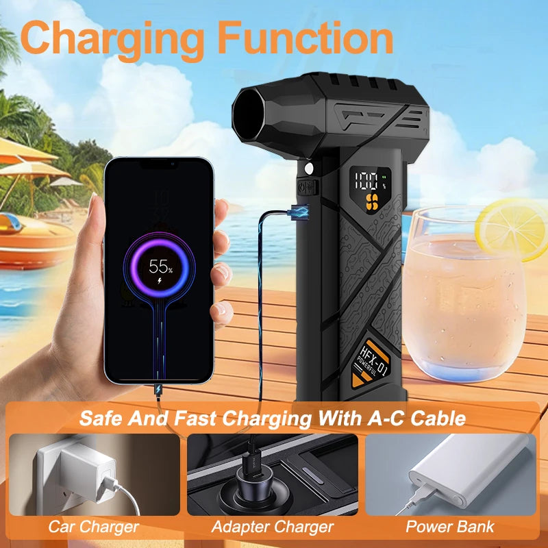 Powerful Violent Fan Air Blower 1000000RPM Turbo Jet Brushless Super Thrust 60m/s 4-Speed USB Rechargeable LED Light Power Bank