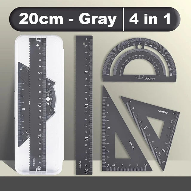 Deli 4Pcs Metal Ruler Set Multifunctional Straight Triangle Ruler Protractor Math Geometry Kit for School Kids Drawing Measuring