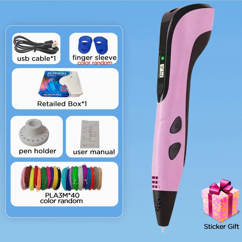 3D Pen Kids 40 Colors PLA Filaments 3D Priting Pen Children DIY Drawing Pens Type C Port Boys Girls Christmas Birthday Gifts
