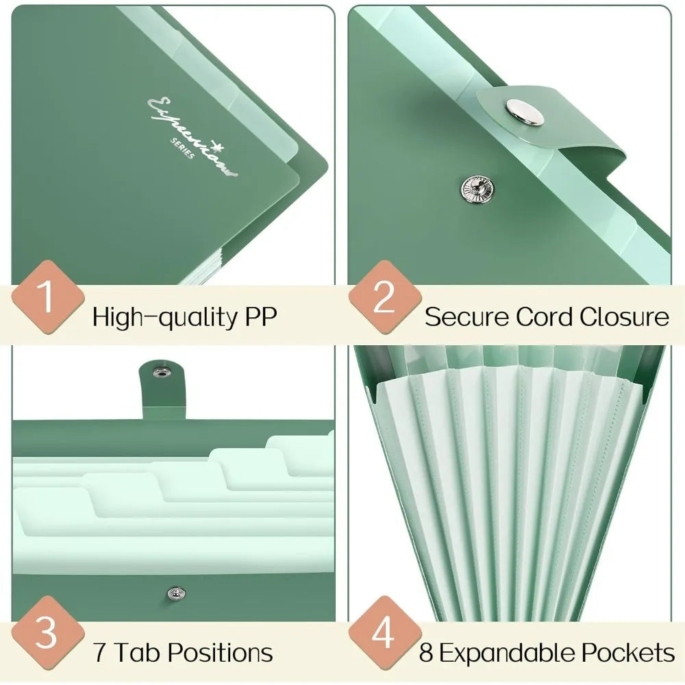 8 Pocket Expanding Accordion File Organizer | Letter Size Dark Green Folder | Portable Document Storage With Classification Labels