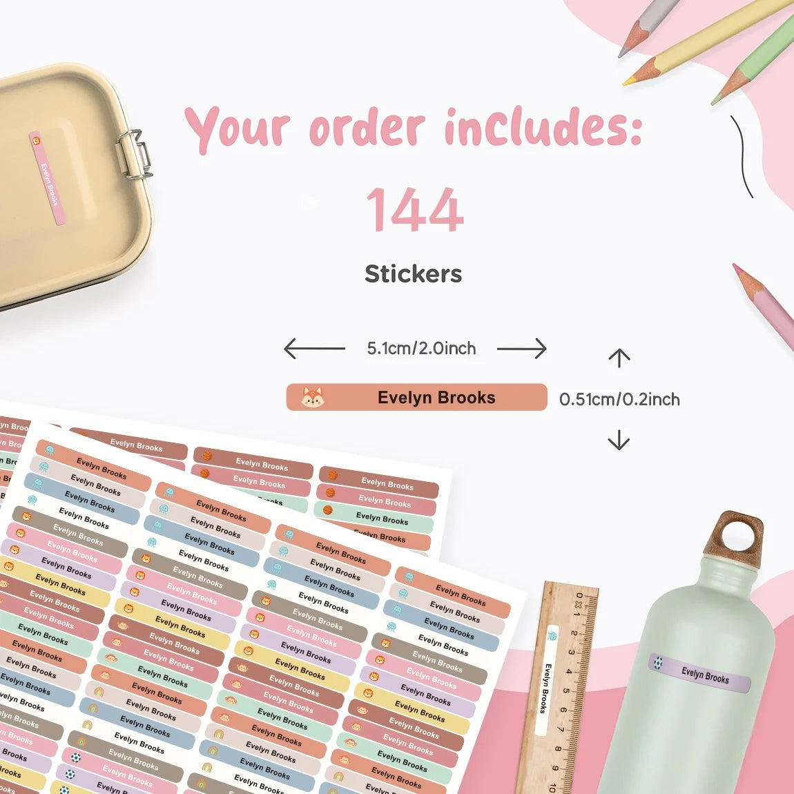 144PCS Personalized Name Stickers Long Strip Pencil Labels Custom Waterproof Self Adhesive Name Labels for Bottles Notebooks
