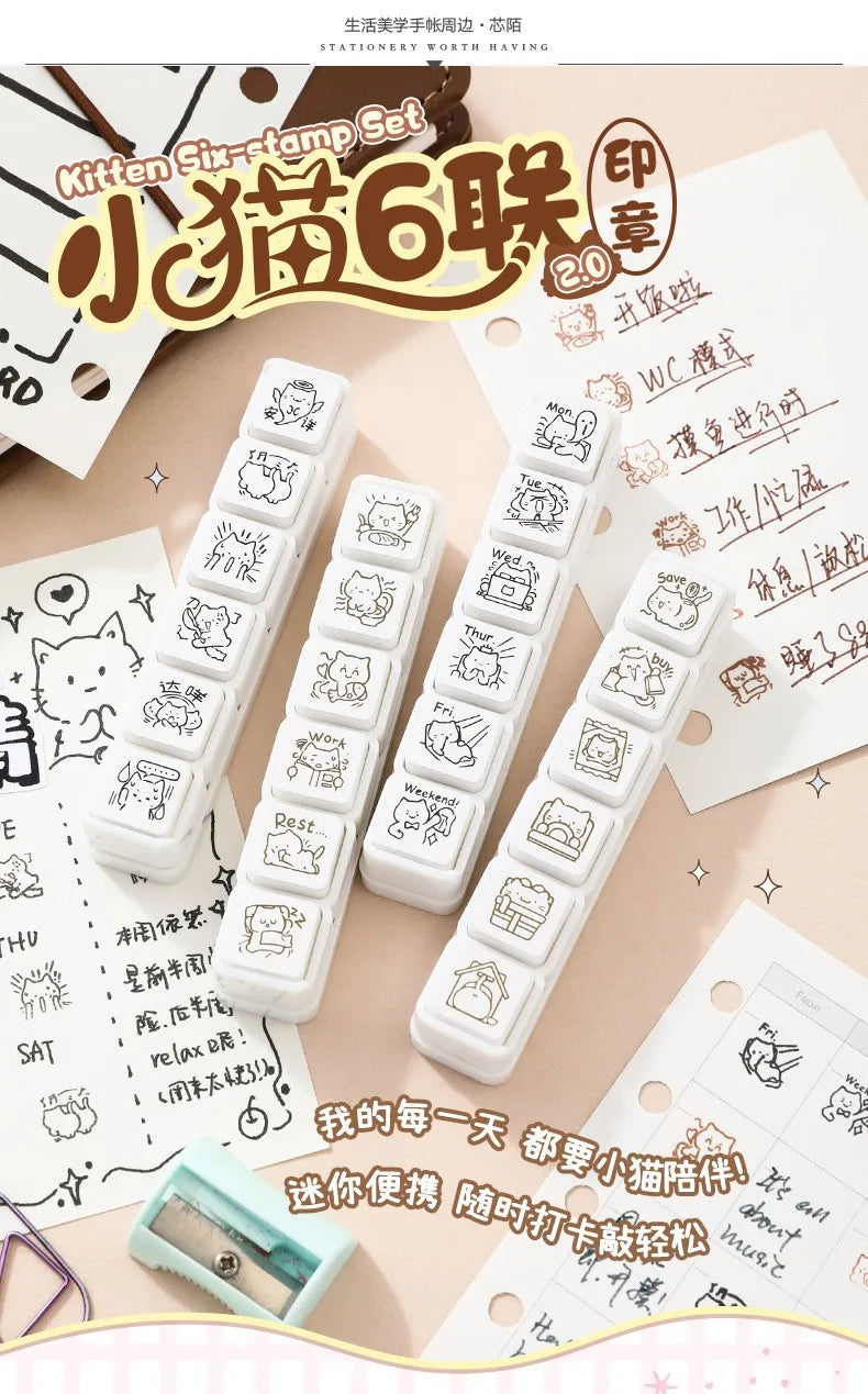 Cute Cat Emoji Stamp Daily Life Work Good Mood Series Cartoon Mini Pattern Stamps for Journaling Planner Diy Scrapbooking Decor