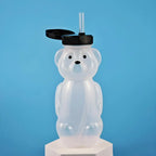 Cute Bear Shaped Bottle Plastic Drink Container Cartoon Honey Bear Straw Cup with Flexible Straws for Milk Juice Honey Storage