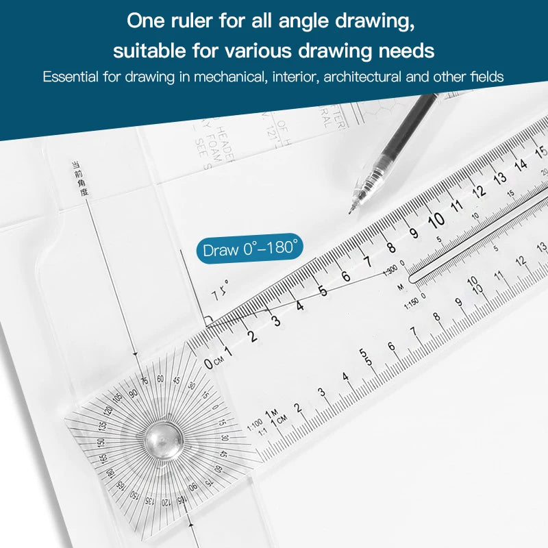 2/1pcs Multifunction Rotatable T-Square Ruler 4mm Thicken Plastic Math Line Circular Transparent Folding Geometric Drawing Ruler