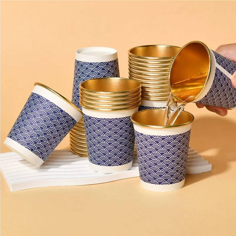 50pcs/pack 250ml Disposable Gold Foil Paper Cup Commercial Office Hot Drinks Tea Cups Coffee Cup