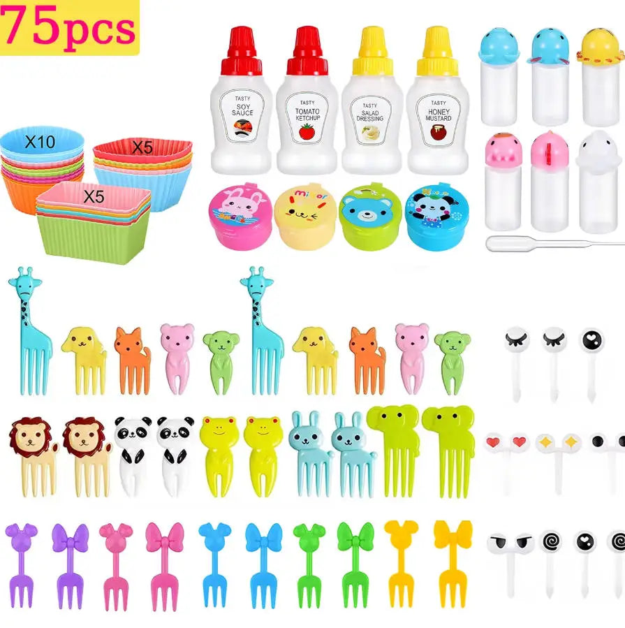 Kids Lunch Bento Box Accessories with Silicone Cupcake Liners for Baking and Small Animal Food Toothpicks Fruit Forks