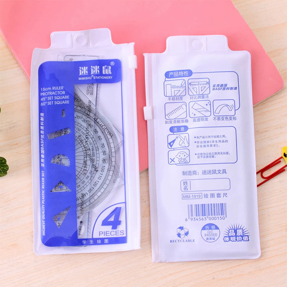 4 Pcs Ruler Set Multifunctional Straight Triangle Ruler Protractor Math Geometry Kit for School Kids Drawing Measuring