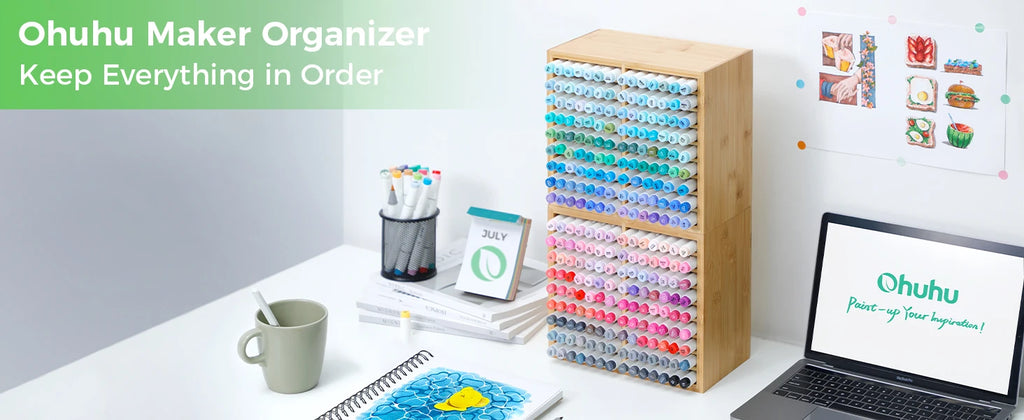 Ohuhu Bamboo Marker Organizer Wooden Desktop Storage Hold 126 Markers Pens Pencils Art Brushes Stationary Organizer Pen Holder