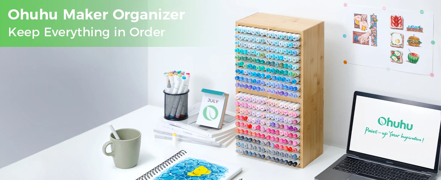 Ohuhu Bamboo Marker Organizer Wooden Desktop Storage Hold 126 Markers Pens Pencils Art Brushes Stationary Organizer Pen Holder