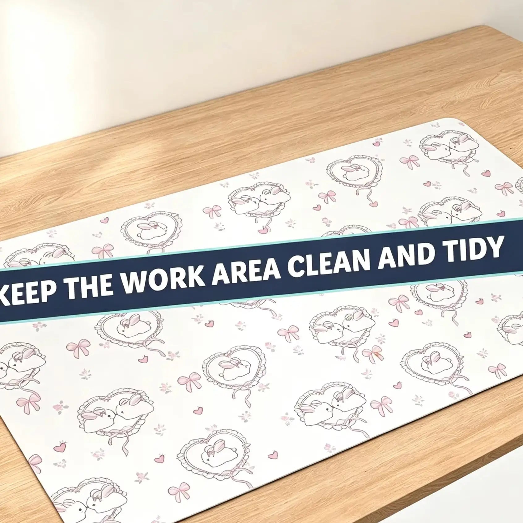 Leather Desk Pad Protector Pink Love Heart Bunny Flower Rabbit Bow Y2K Star Angel Mouse Pad Office Desk Mat PU Desk Blotter Pad