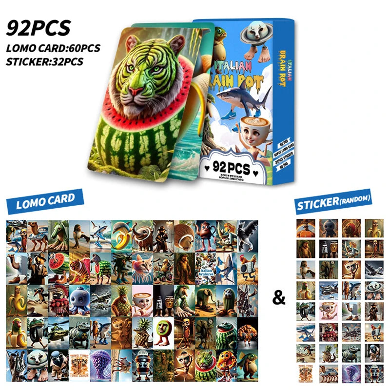 92pcs/set of brain rot card cardboard, 60 cards and 32 stickers, tung tung sahur card collection set, wooden stick sh