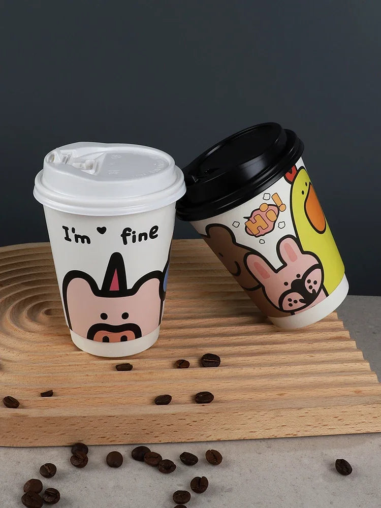 25pcs 90 Caliber Disposable Coffee Cups Fresh Milk Hot Drink Thickened Cartoon Paper Cup Milk Tea Takeaway Packag Cup with Lid