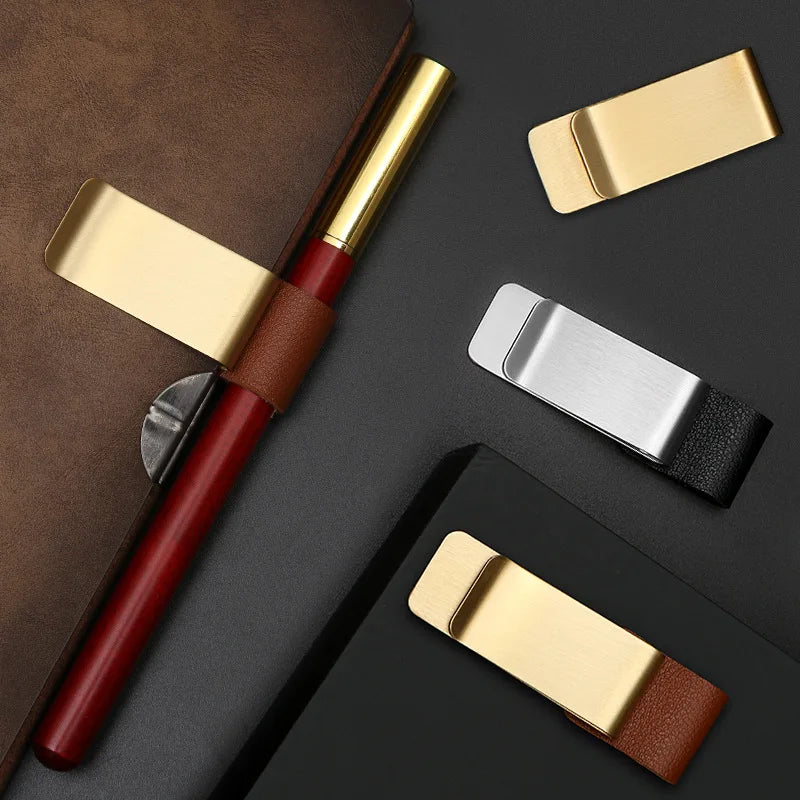 Handmade Leather Brass Stainless Steel Pen Holder Clip Journal Notebook Paper Folder Writing Office Supplies