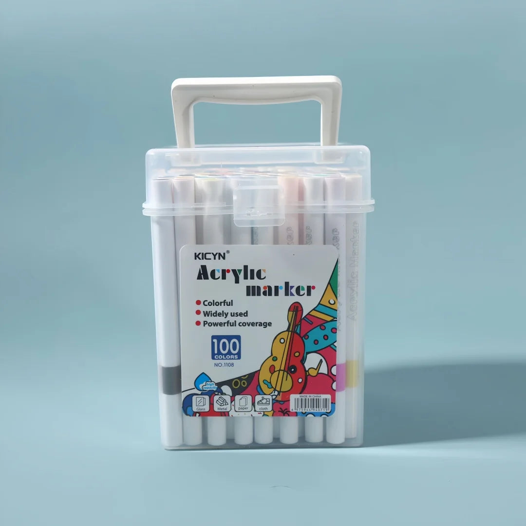 Water-Washable, Non-Bleeding, Layerable Acrylic Markers for Primary School Students - Waterproof, Bucket-Packed Colored Pens