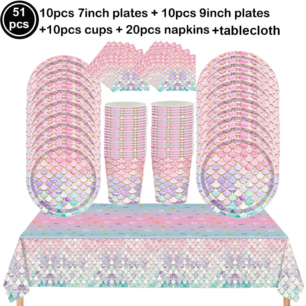 Mermaid Party Supplies Mermaid Scales Pattern Paper Plate Cup Napkin Popcorn Box Food Bowl Girl Birthday Party Baby Shower Decor