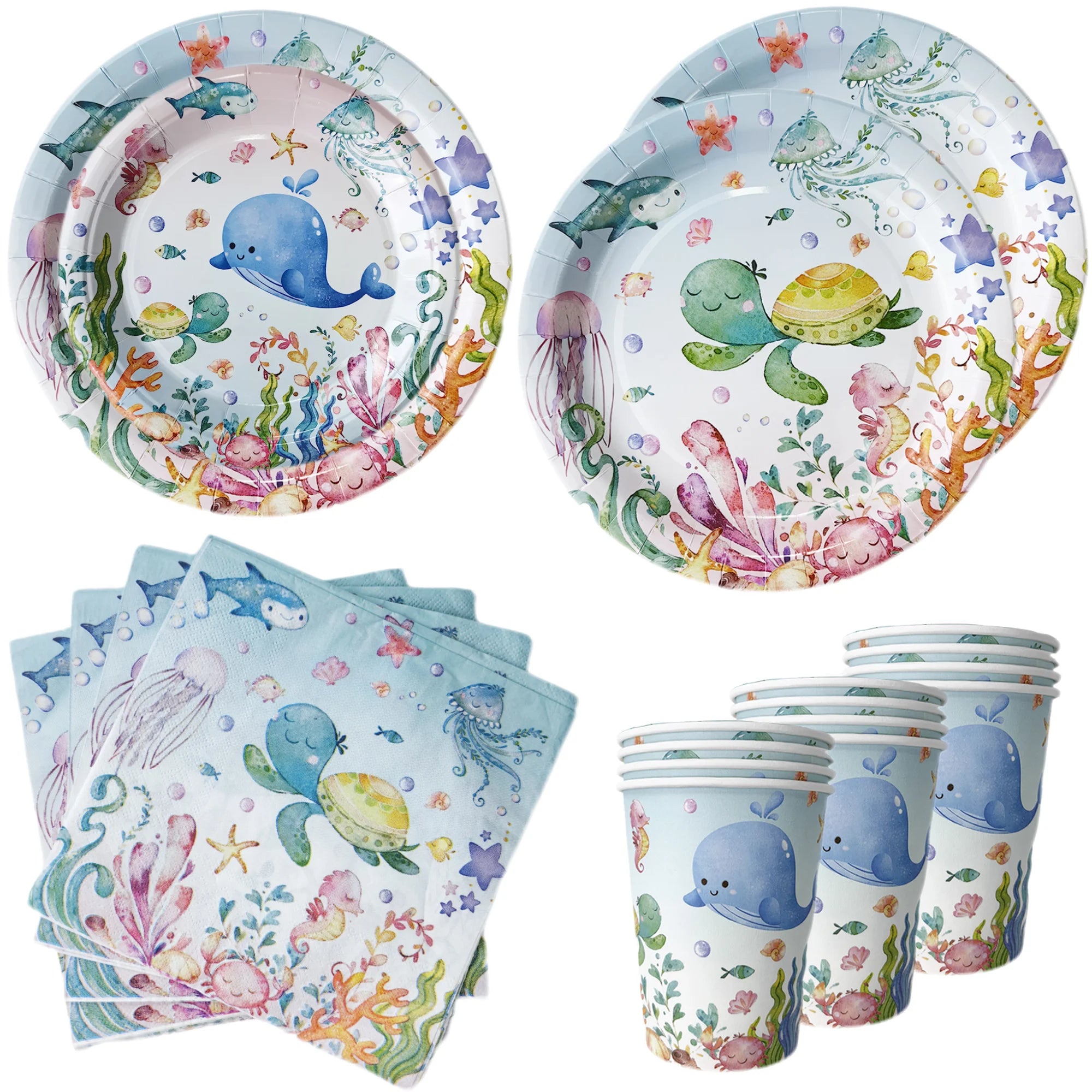 Ocean Sea Birthday Party Tableware Turtle Whale Print Plates Napkins Cups for Baby Shower Ocean Party Birthday Decorations