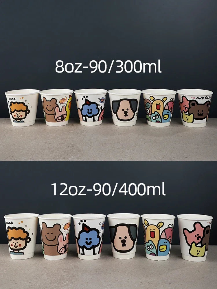 25pcs 90 Caliber Disposable Coffee Cups Fresh Milk Hot Drink Thickened Cartoon Paper Cup Milk Tea Takeaway Packag Cup with Lid