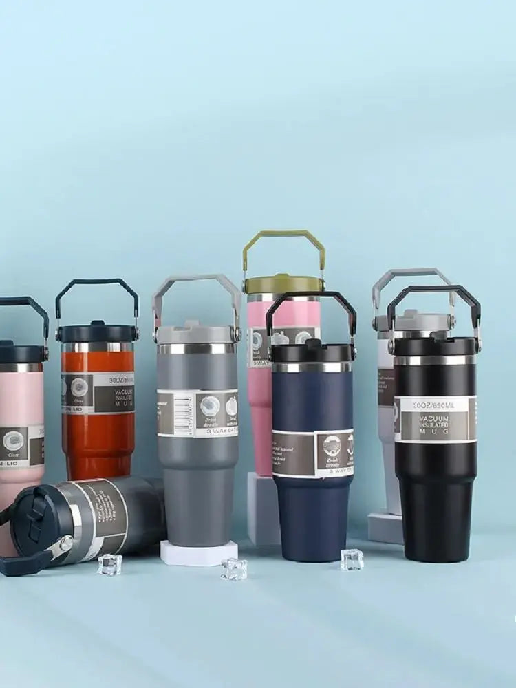 30OZ Portable Car Cup Stainless Steel Thermos Cup with Straw Travel Sports Water Bottle With Handle Cover Coffee Vacuum Flask