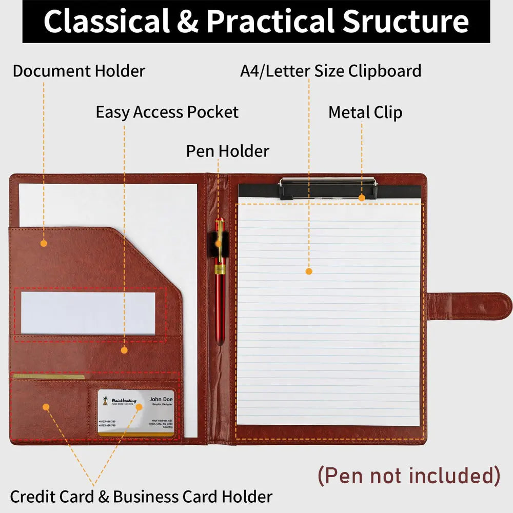 Multifunctional leather folder with A4 writing pad cover including 1 lined notepad, can hold bank cards and other storage