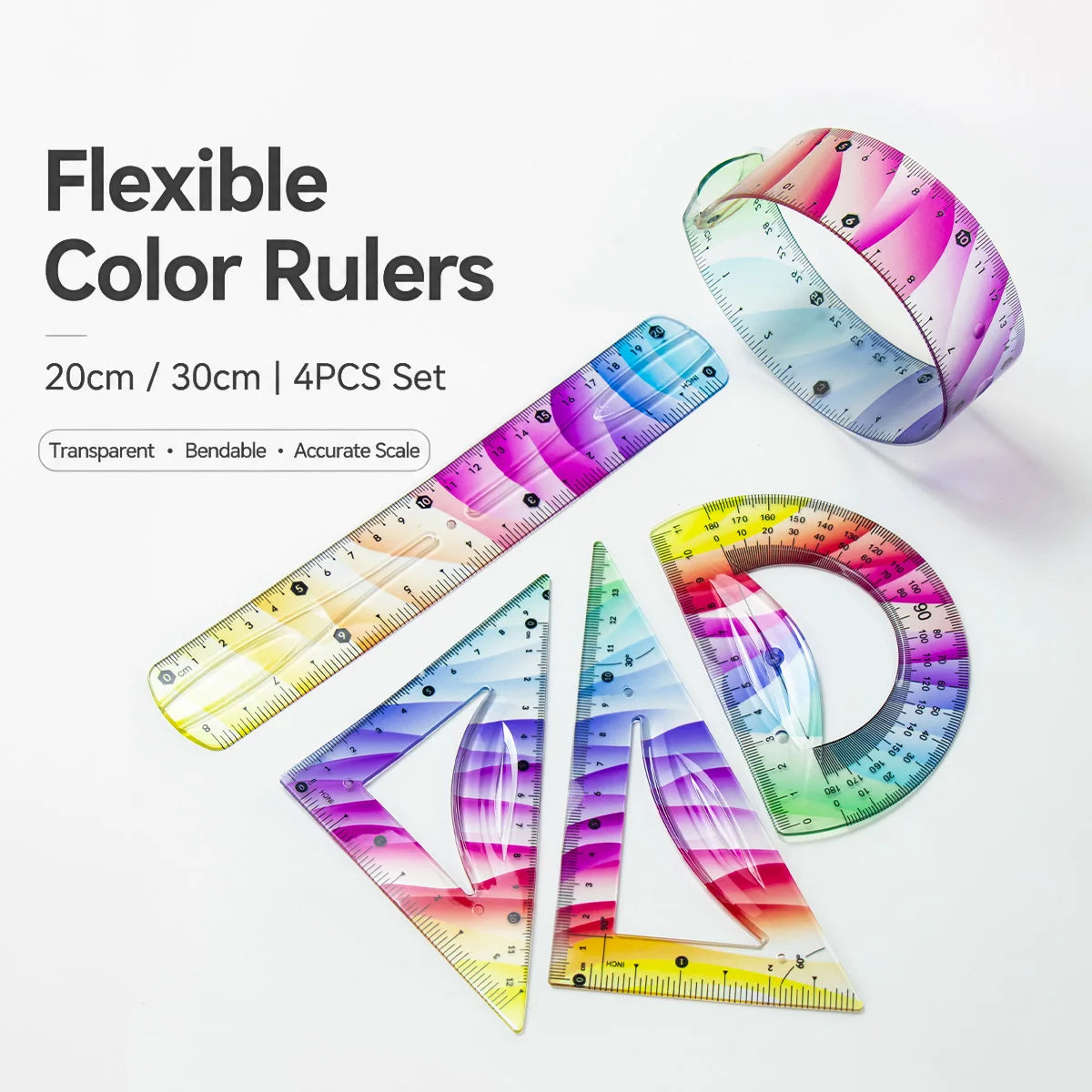 Vibrant Flexible Ruler Set, Straight Ruler, Protractor, 2 Triangles, 20/30cm Straight Ruler, 4 Pcs Soft Ruler Kit