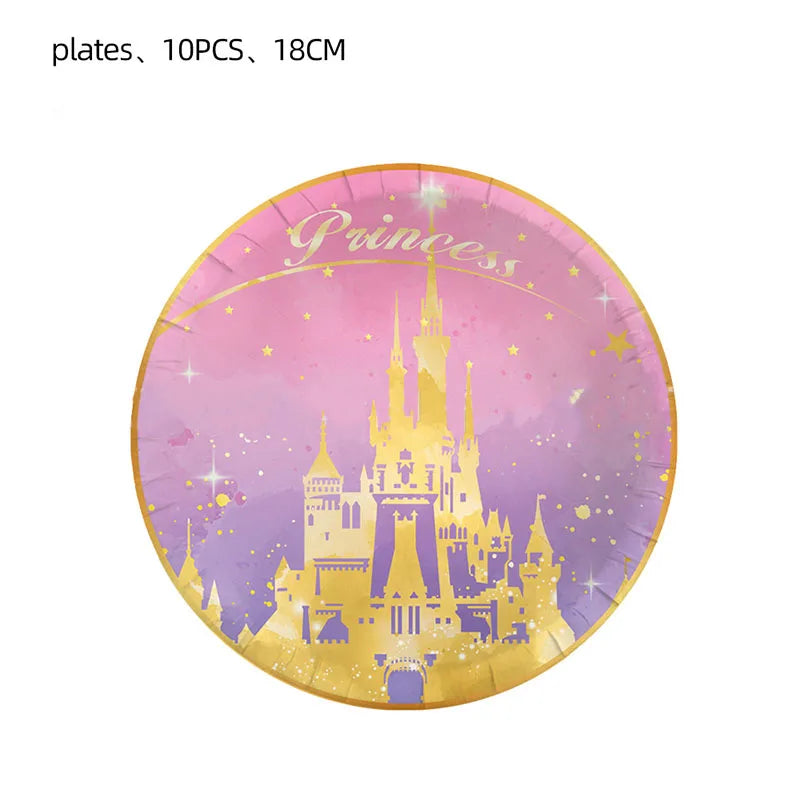 Pink Princess Castle Tableware Set Dessert Plates Cups tablecolth Balloon Banner Girls favorite Birthday Adult Wedding Decoratio