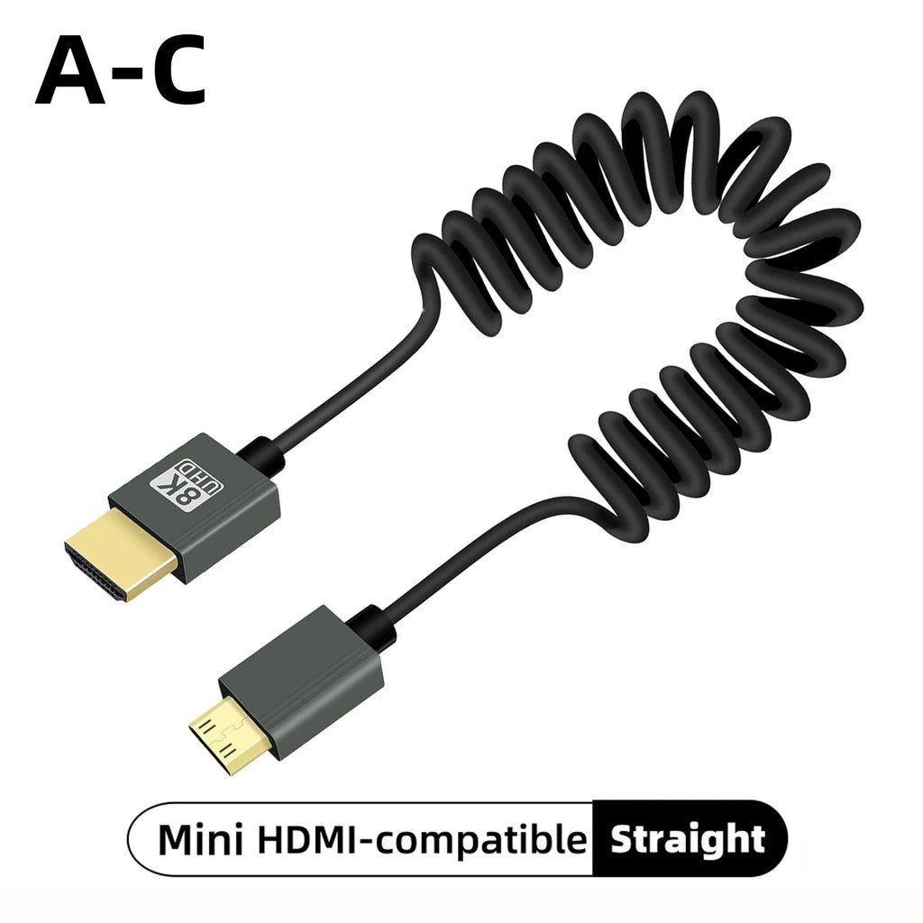 8K UHD Cable High Speed HDMI-compatible Mini/Micro HDMI-compatible Coiled Cord for HDTV Laptop PC PS4 Camera DV Monitor Display