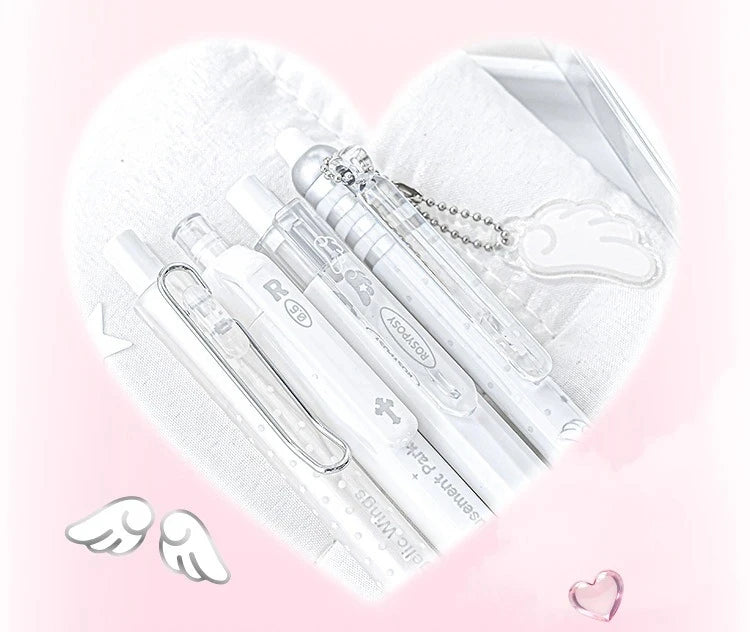 4pcs/set Pearl Angel Gel Pen Set Cute Exam Pens with Wing Design Kawaii Cartoon 0.5mm Black Ink for Kids Back To School Student
