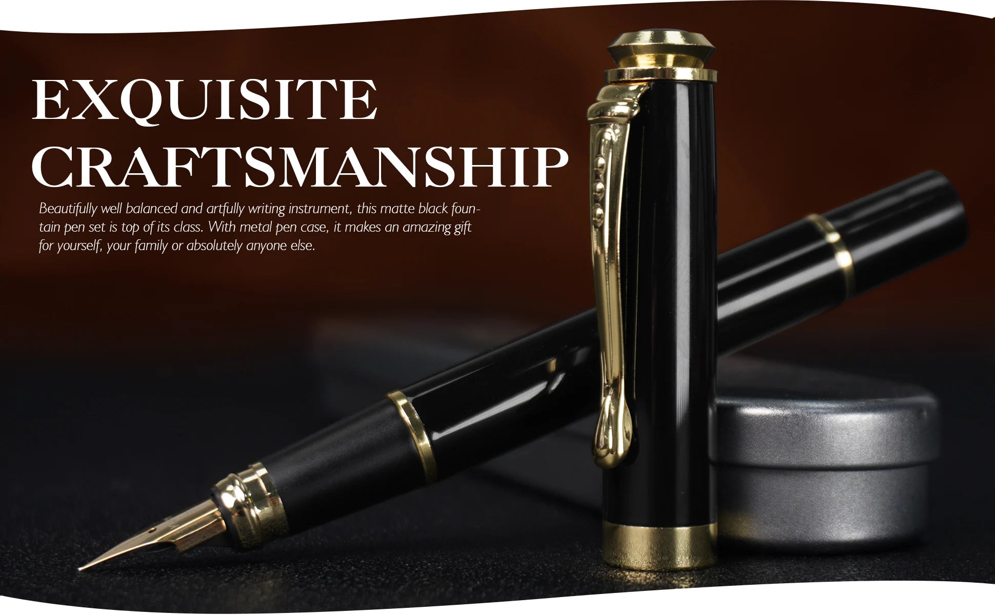 STONEGO 0.38mm Extra Fine Nib Fountain Pen, Black Metal Calligraphy Writing Gift Pen