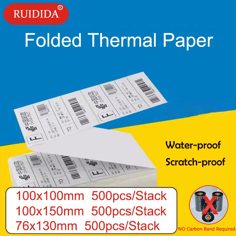 Thermal Paper for Printer Folded Thermal Shipping Label Shipping Barcode Sticker 100x100mm 4x4Inch/100x150mm 4X6Inch/76x130mm