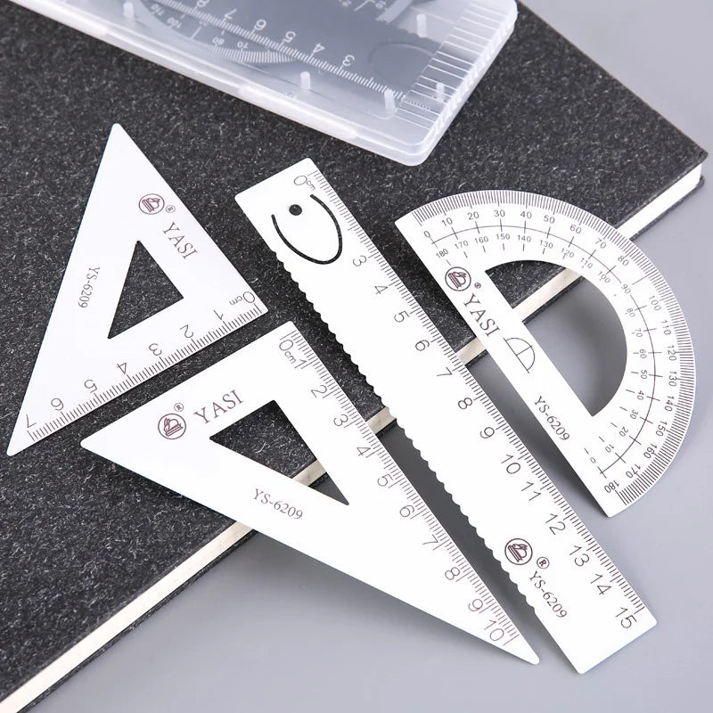 4 Pcs/Set Math Sets Metal Ruler Triangle Ruler Protractor with Box for School Student Geometry Sets