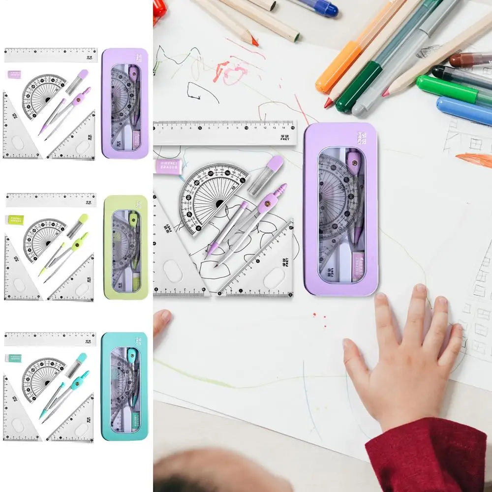 7PCS Stainless Steel Compass Set Math Geometry Tools with Eraser Ruler Student Carpenter Drafting Drawing School Supplies