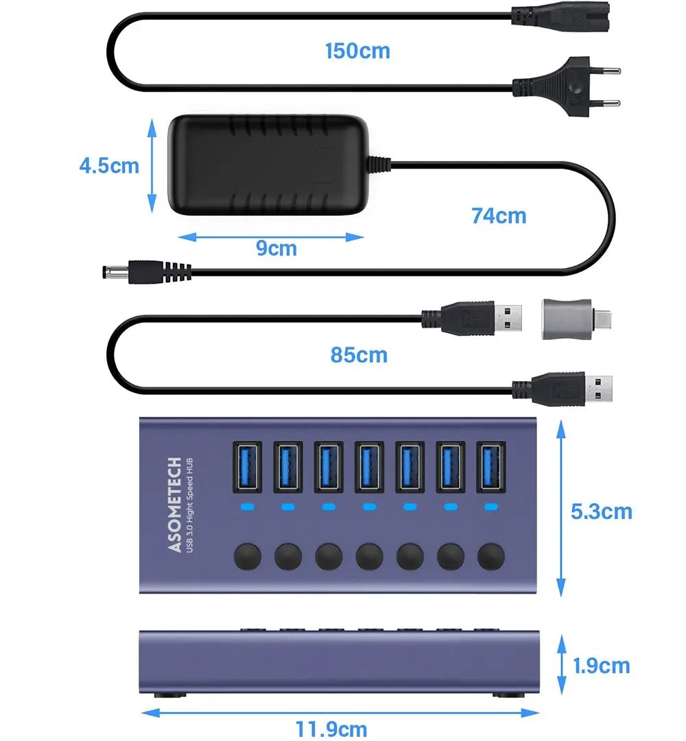 4/7/10 Ports USB 3.0 Hub Multiple Splitter 12V Power Adapter with On/off Switch USB Splitter High Speed Hub for MacBook Laptop